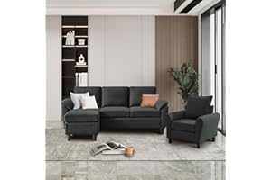 Pingliang Home 79" Convertible Sectional Sofa Set, Small L Shaped 3-Seat Couch with Reversible Chaise and Accent Chair, Modern Linen Sofas Couches for Living Room, Black