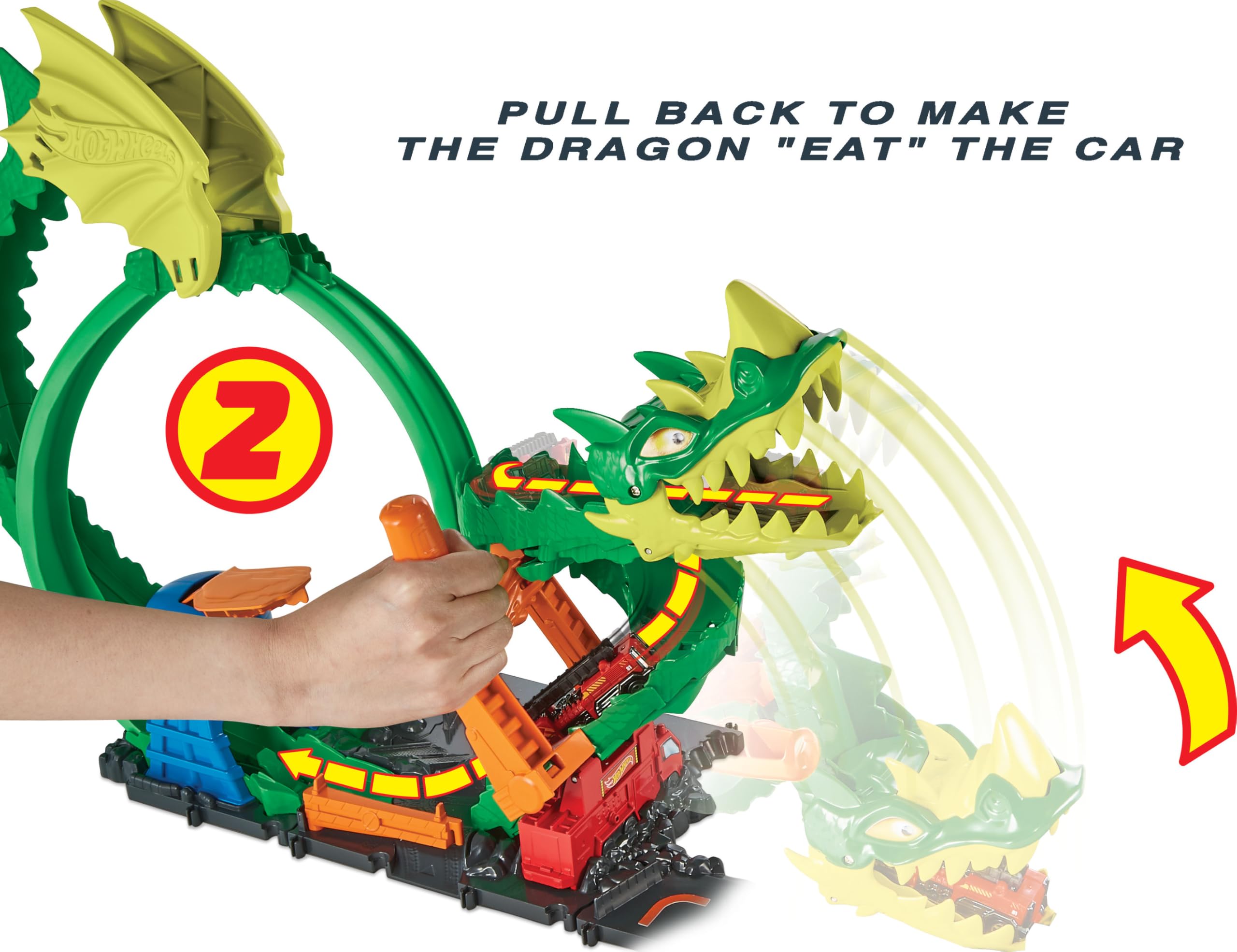 Hot Wheels Track Set with 1:64 Scale Toy Firetruck, City Fire Station with Dragon Nemesis and Track Play, Dragon Drive Firefight