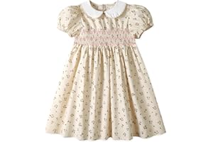 Miipat Toddler Girls Smocked Floral Dress Puff Sleeve Cotton Vintage Kids Peter Pan Collar Summer Dress