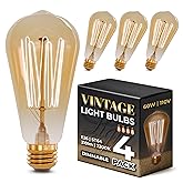 Incandescent Light Bulbs 60 Watt, 210 Lumens, 4 Pack ST64 Edison Bulbs | Dimmable, 2200K Amber Glass, E26 Base, 210 Lumens - Exposed Vintage Filament Rated for 2500 Hours of Indoor or Outdoor Use