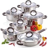 Cook N Home 12-Piece Stainless Steel Cookware Set, Pots and Pans Set | with Stay-Cool Silicone Handles, Induction Compatible, Dishwasher &amp; Oven Safe, Glass Lids
