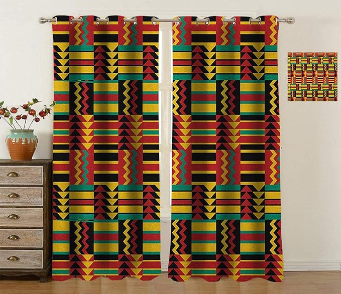 Kente Pattern Curtains Panels, Exotic Pattern with Stripes Triangles