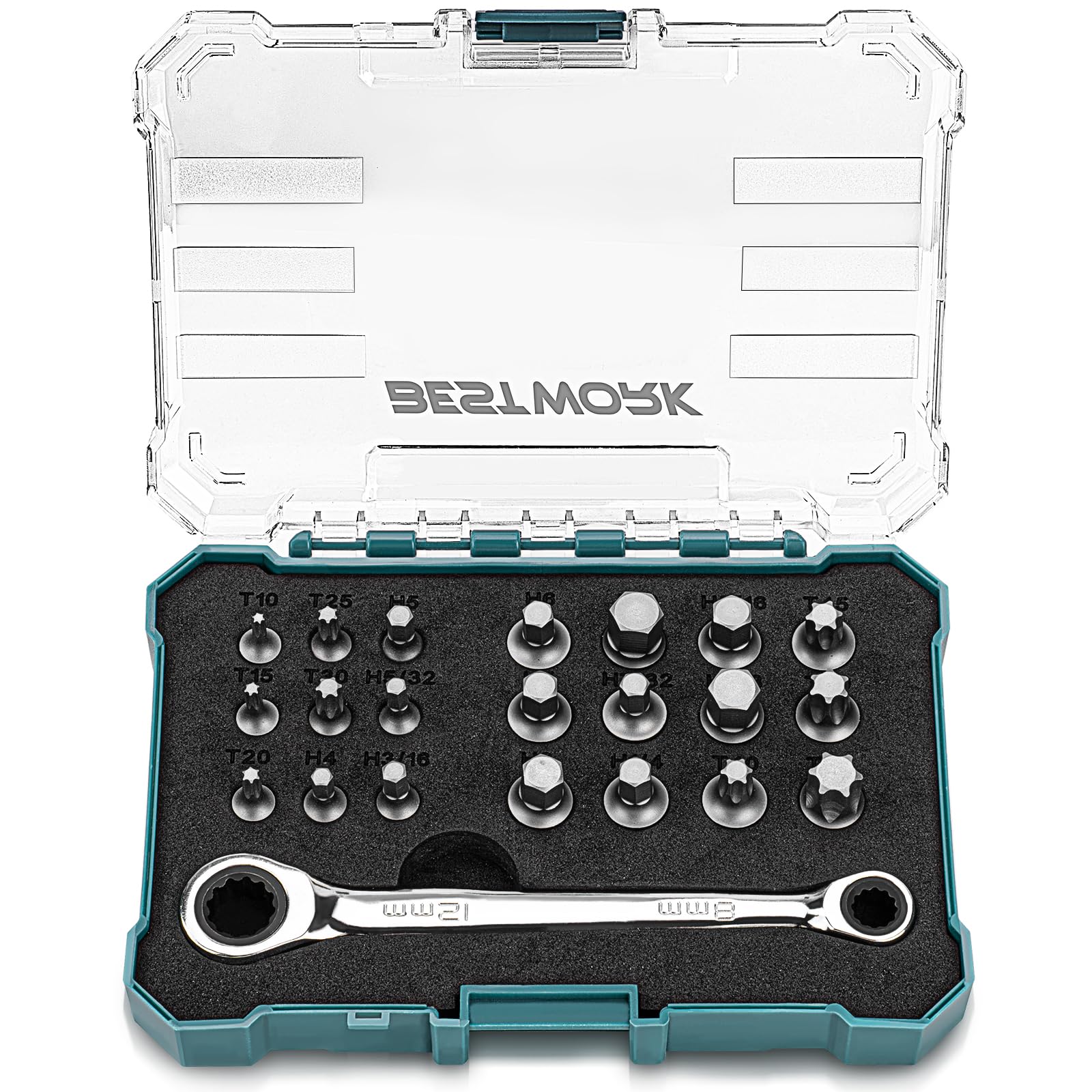 Photo 1 of Bestwork Insert Stubby/Low Profile Torx Bit Set, 22-Piece Hex Bit Ratchet Set for Tight Space