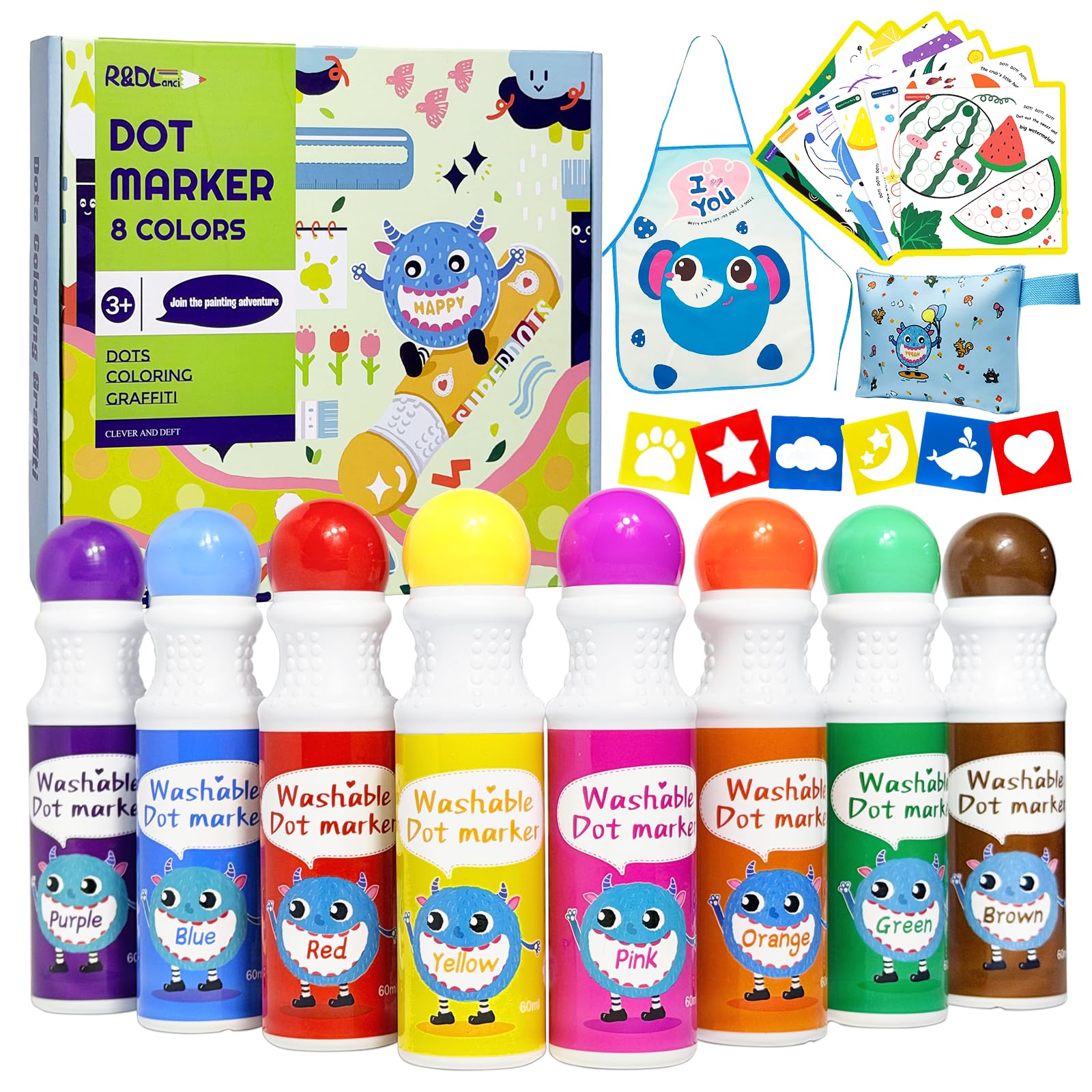 R&DLanci 28 PCS Washable Dot Markers for Toddlers, 8 Colours Bingo Dabbers with 108 PDF & 12 Activity Papers, 6 Stencils，Non-Toxic Dot Paint for Toddlers, Arts and Crafts Supplies, Gift for Toddler