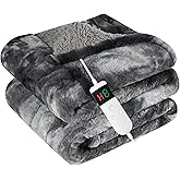 Cushious Electric Heated Blanket Throw 50''x60''Size Faux Fur Heating Blanket 10 Heating Settings, 1-8h Timer & Overheat Protection, Machine Washable, Soft Flannel and Sherpa Full Body Warmth