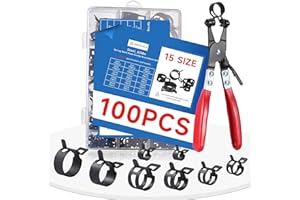 SEKSUALA 100Pcs 6-25mm Spring Hose Clamps Assortment Kit with Swivel Flat Hose Clamp Plier for Automotive, Plumbing & DIY Projects - Durable Constant Tension Steel Design for Low Pressure Air