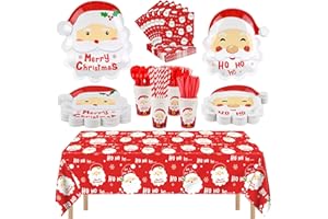 durony 201 Pieces Christmas Party Tableware Set Disposable Santa Claus Tablecloth, 7 and 9 Inch Santa Plates, Napkins, Cups, Straws, Cutlery for Christmas Party Supplies Holiday Birthday 25 Guests