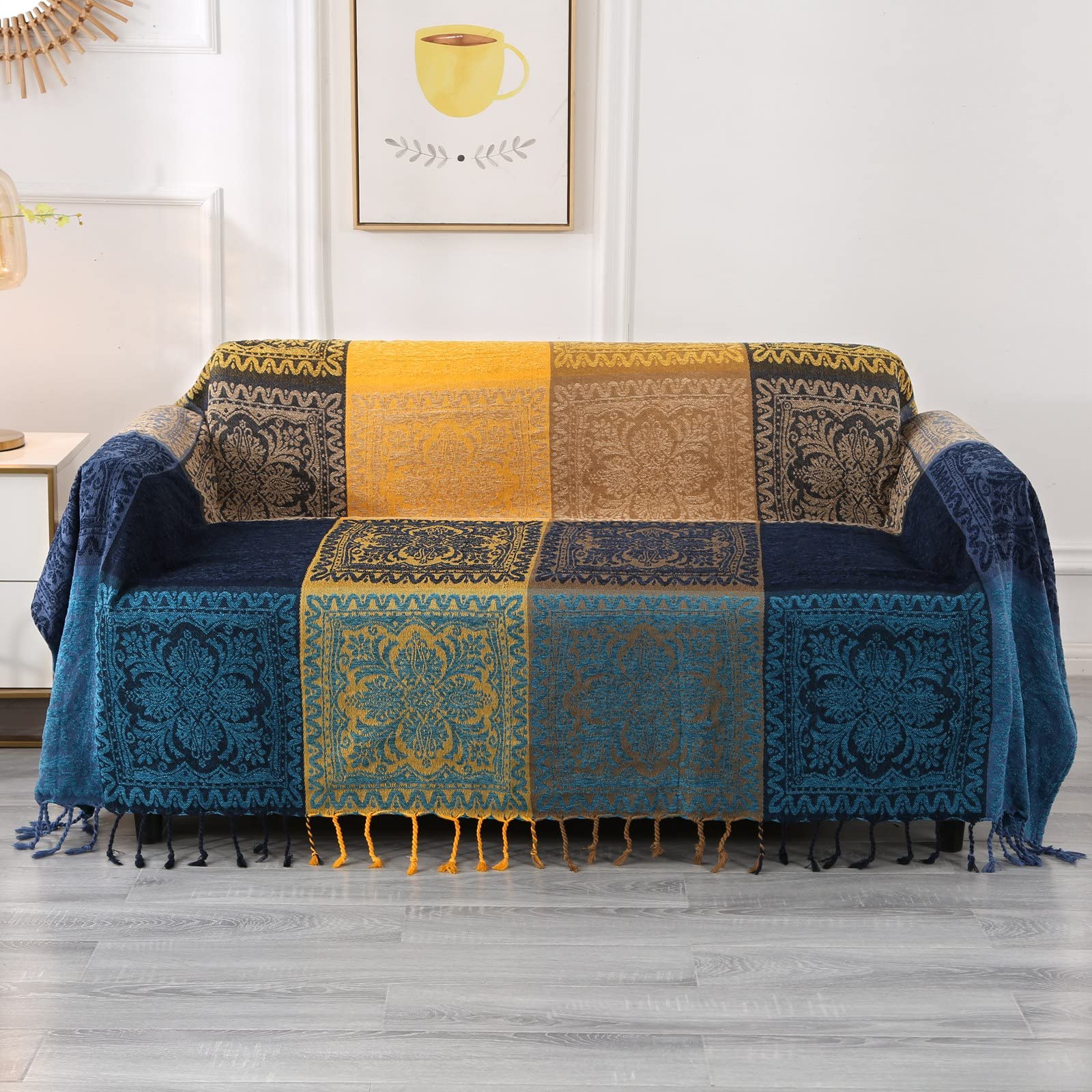 DECMAY Chenille Jacquard Boho Throw Blanket with Tassels, Throw for 2 3 4 Seater Sofa, Tartan Blankets and Throws for Bedspreads Armchairs Furniture Bed Throw (Blue Yellow, 220 x 260 cm) — image 1