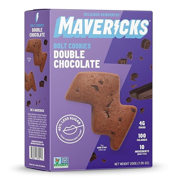 MAVERICKS DOUBLE CHOCOLATE BOLT COOKIES – PLANT-BASED CHOCOLATE CHIP COOKIES, PLANT BASED SNACK FOR KIDS, NUT FREE, 40% LESS SUGAR – 7 OZ BOX (1 PACK)