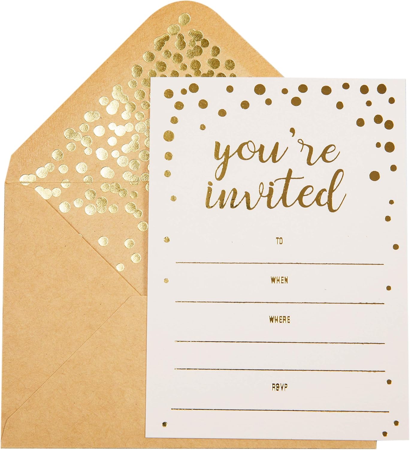 50 Pack Invitation Card - Elegant Greeting Cards with ‘’You are Invited’’ Embossed in Gold Foil Letters – for Wedding, Bridal Shower, Birthday Invitations - 52 Kraft Envelopes Included – 4" x 5.75"