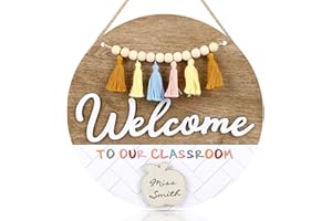 CHDITB Welocme To Our Classroom Sign Wreath(12"x12"), Boho 3D Classroom Decoration Door Hanger with Beads Tassels, Colorful Custom Teacher Student Name Apple Sign Wall Hanging for Classroom Preschool Daycare