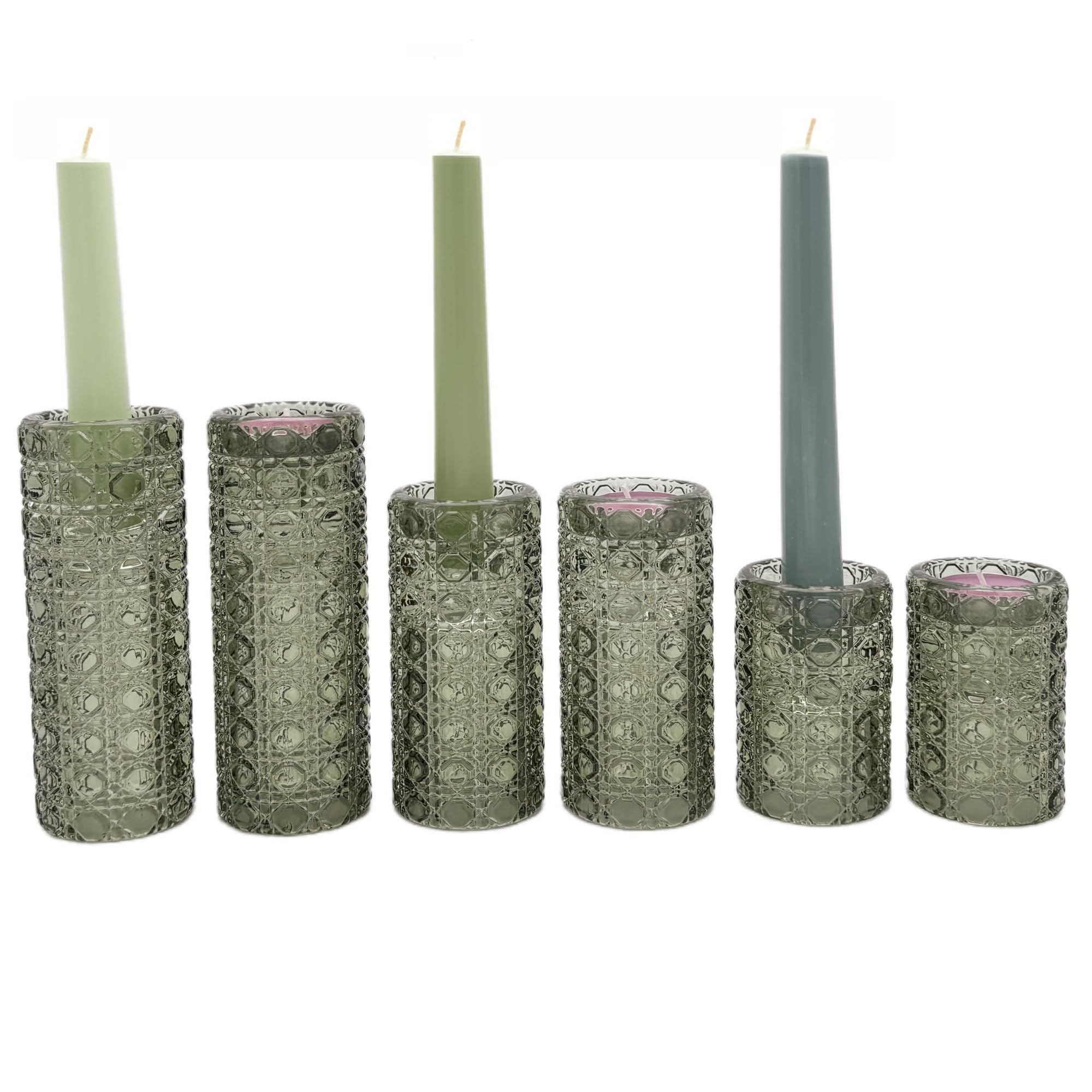 Green Glass Candle Holders Set, 6 Pack Clear Candlestick Holders 3 in 1 Crystal Candleholder Pillar Candle Stands, Tealight & Votive Candle Holder Home Decor Table Centerpieces Christmas Wedding