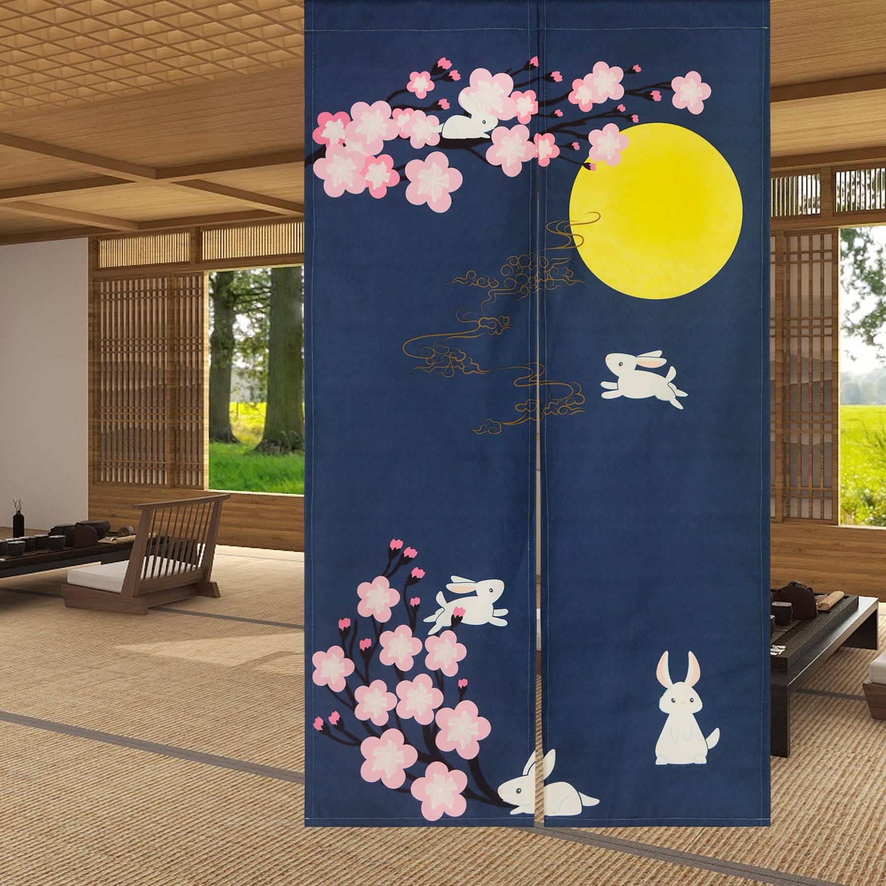 LIGICKY Noren Doorway Curtain Japanese Style Rabbit Cherryblossom Full Moon Printed Cotton Linen Window Treatment Door Tapestry for Home Decoration 85 x 150 cm,Navy Blue