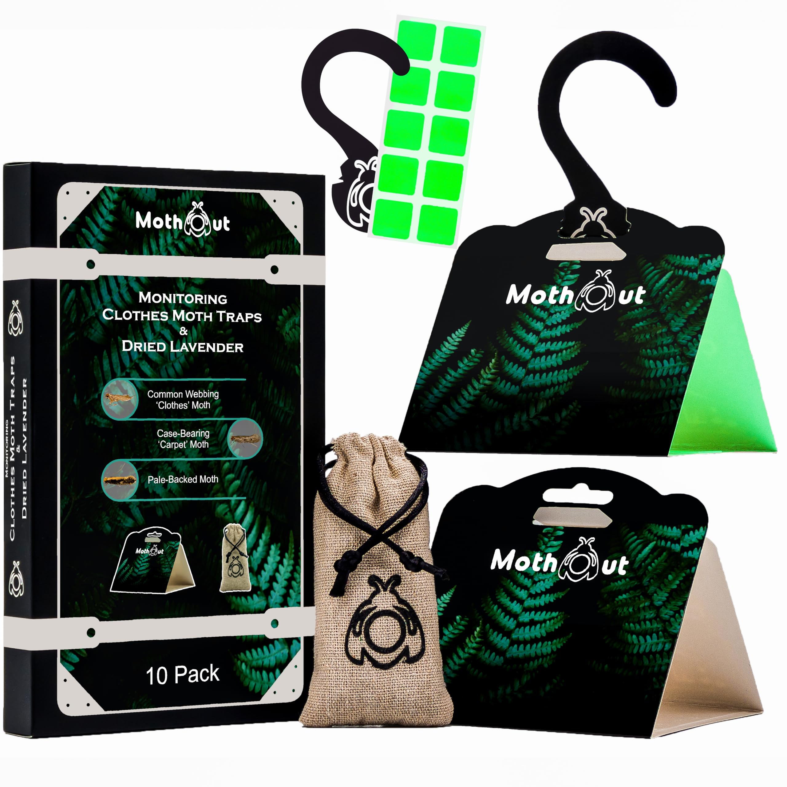 MothOut 10 Pheromone Clothes Moth Traps, Carpet Moth Trap + Lavender Freshener + 10 Glowing Pads + eBook with Moths Prevention & Protection Techniques, Cloth Moths Monitoring Traps Detecting Activity