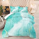 EDGZKO Teal Twin Bedding Set: Aqua Teal Marble Comforter Set for Teens Girls Women Abstract Cyan Blue Quilts Green and Gold Glitter Marbling Bed Sets 1 Comforter & 1 Pillow Case