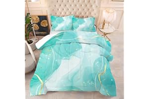 EDGZKO Teal Twin Bedding Set: Aqua Teal Marble Comforter Set for Teens Girls Women Abstract Cyan Blue Quilts Green and Gold Glitter Marbling Bed Sets 1 Comforter & 1 Pillow Case