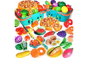 SHEMIRA 100 PCS Cutting Play Food Toy for Kids Kitchen, Pretend Food Toys for Toddlers, Play Kitchen Toys Accessories with 2 Baskets, Fake Food/Fruit/Vegetable, Birthday Gifts for 3 4 5 Years Old Boys Girls