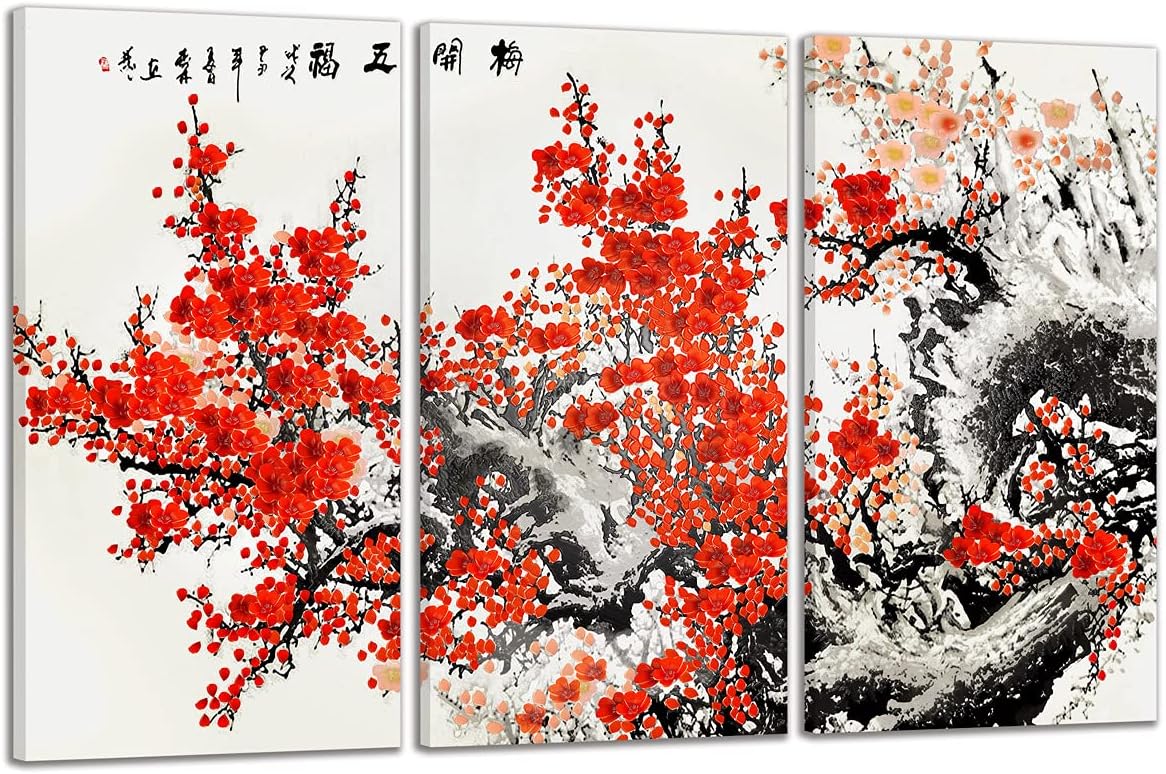 Paintings - Sakura bonsai tree Sakura blossoms Floral wall art japanese wall art canvas japanese prints wall art asian wall art (55”Wx36”H – 3 panels)