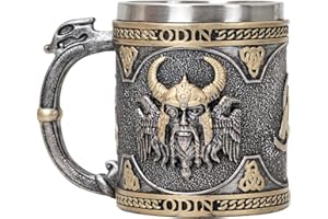 Odin Viking Mug Tankard Dragon Handle Beer Cup Coffee Mug, Stainless Steel Drinking Tankard Mugs Nordic Viking Christmas Gift