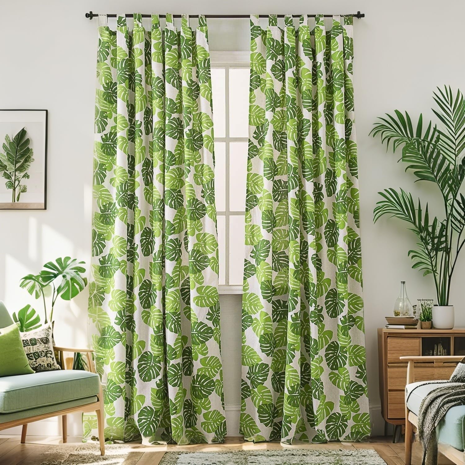 BROSHAN Tropical Window Curtains, Light Green Bedroom Curtains 2 Panels of 108 inches Long, Jungle Plant Banana Leaf Print Curtains & Drapes Extra Wide 55inch for Living Room Dining Room