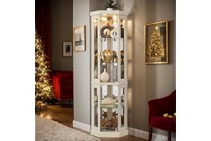 Eyisean 70" Lighted Glass Corner Curio Cabinet, Display Cabinet with Elegant Tempered Glass Door, China Cabinet with Light Bulb, Mirrored Back Panel, Rack for Living Room Storage (White)