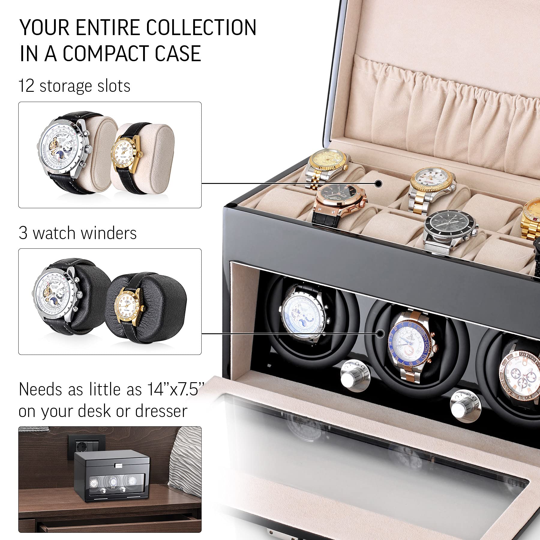 Leader WATCH WINDERS Watch Winder and Storage Box for Winding 3 Automatic Watches and 12 Watch Storage Space