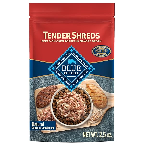 BLUE BUFFALO TENDER SHREDS BEEF & CHICKEN TOPPERS IN SAVORY BROTH, NATURAL DOG FOOD COMPLEMENT, BEEF, 2.5-OZ. POUCH, 24-COUNT