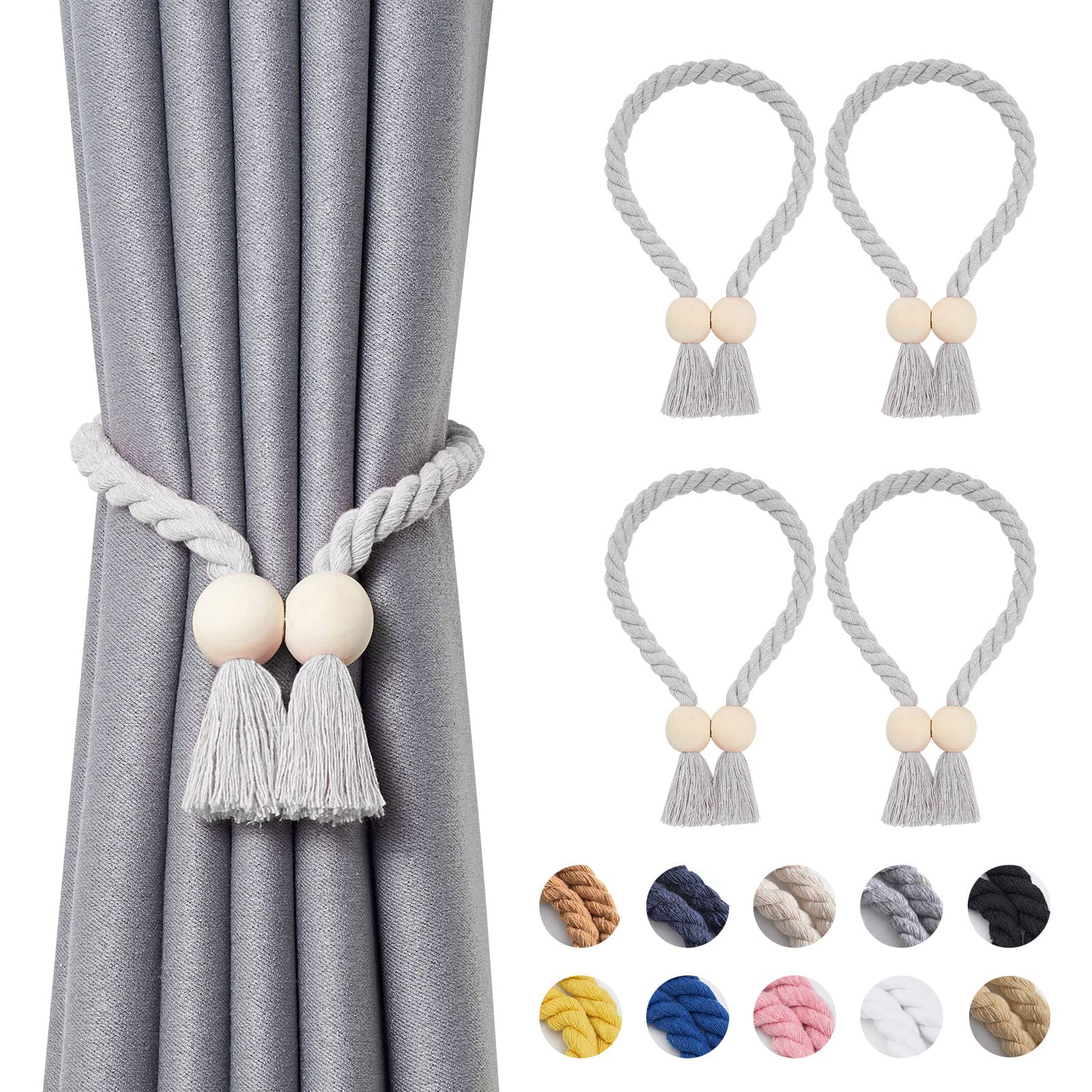 Pretty Jolly 4 Pack Wooden Ball Magnetic Curtain Tiebacks Boho Home Decor Drape Tie Backs Natural Cotton Hand Woven Rope Curtain Holdbacks for Thin & Thick Home & Office Window Draperies (Light Grey)