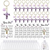 Nosiny 72pcs/24sets Christian Cross Keychains Gifts Bulk for Women Resin Cross Purple Heart Floral Keychains with Motivational Christian Cards Religion Church Gift for Mothers Day Party Favors