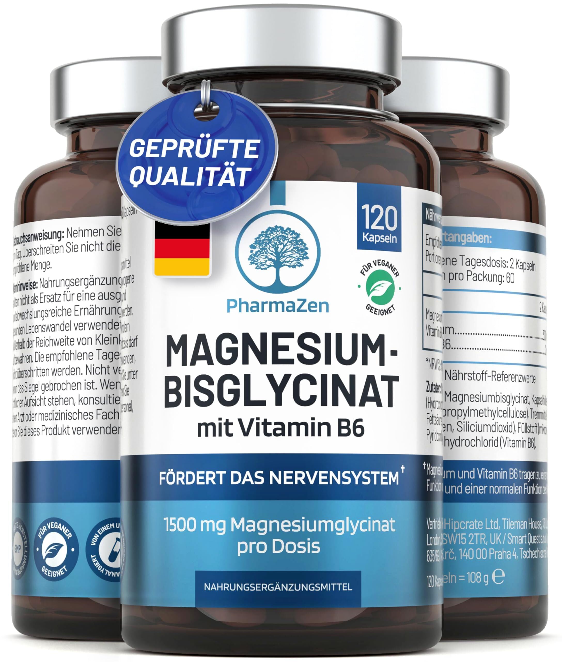 Magnesium Bisglycinat mit Vitamin B6 – Hochdosiert 1500 mg - 120 Kapseln