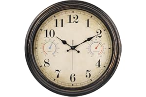 Alarllok 16 Inch Large Outdoor Clock with Thermometer and Hygrometer Combo, Waterproof Indoor Outdoor Wall Clocks for Patio, 