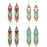 BBTO 4 Pcs Long Beaded Tassel Earrings Bohemia Native Handmade Statement Fringe Drop Boho Dangle Tassel Earrings for Women(Exotic)