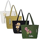 CALLIE Personalized Corduroy Tote Bag for Women | 4 Colors Custom Birth Flower & Name on Cute Corduroy Shoulder Bag with Pockets for Mother's Day Graduation Nurse Week Birthday Gift for Women | Customizable