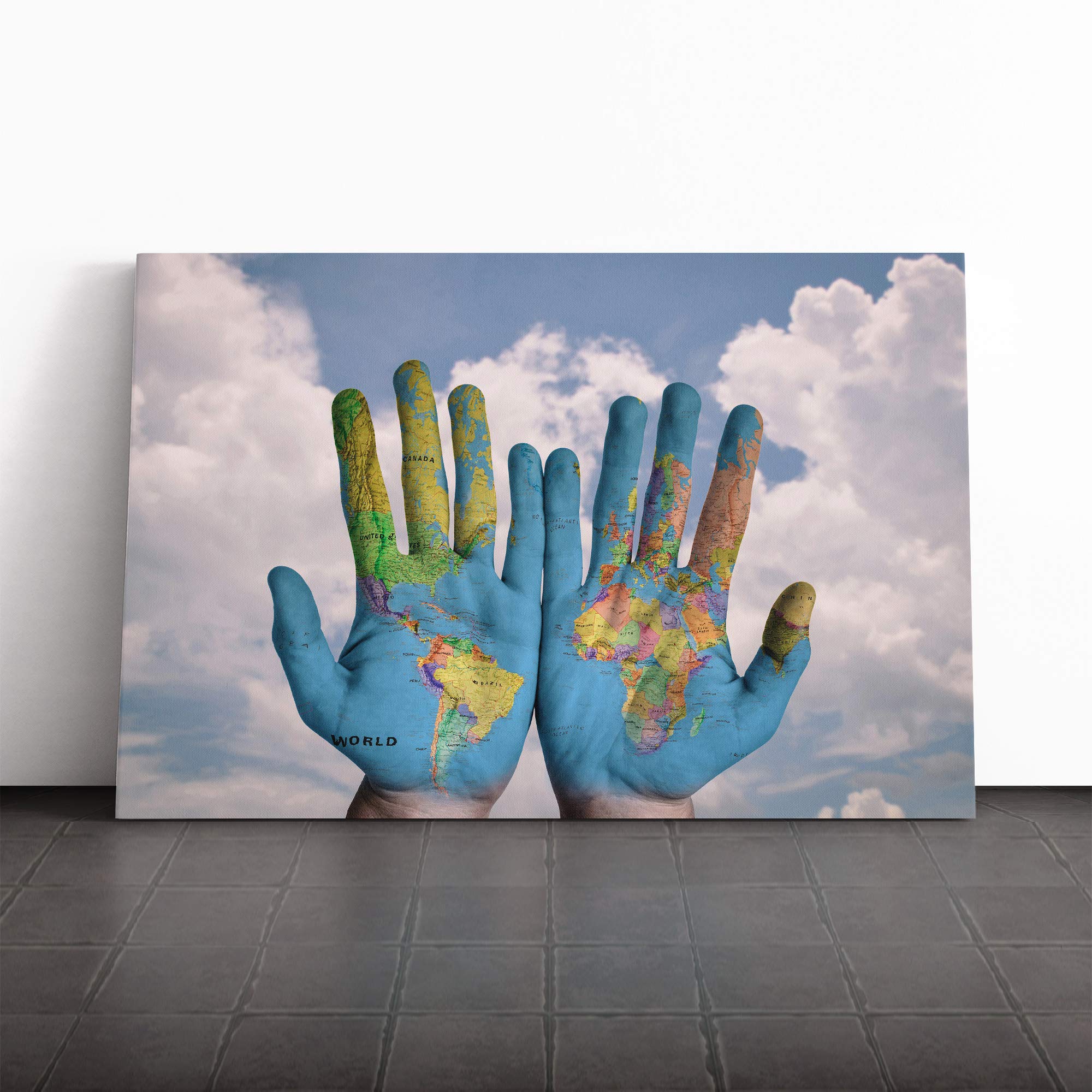 Globe Hands World Map Canvas Print | Gallery Wrapped 30mm Frame Wall Art | 20x14 inches | Ready to Hang | Modern Maps Picture | Living Room Bedroom Lounge Office