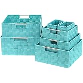 Sorbus Baskets for Organizing, 7-Piece Hand-Woven Storage Set (Aqua) | Mesh organizers with handles keep linens and accessories sorted on closet shelves; seven-piece variety fits many spaces.