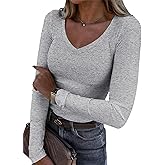 Roselux Womens Long Sleeve V Neck Ribbed Knit Fitted Casual Tops Tee Slim Basic Shirt