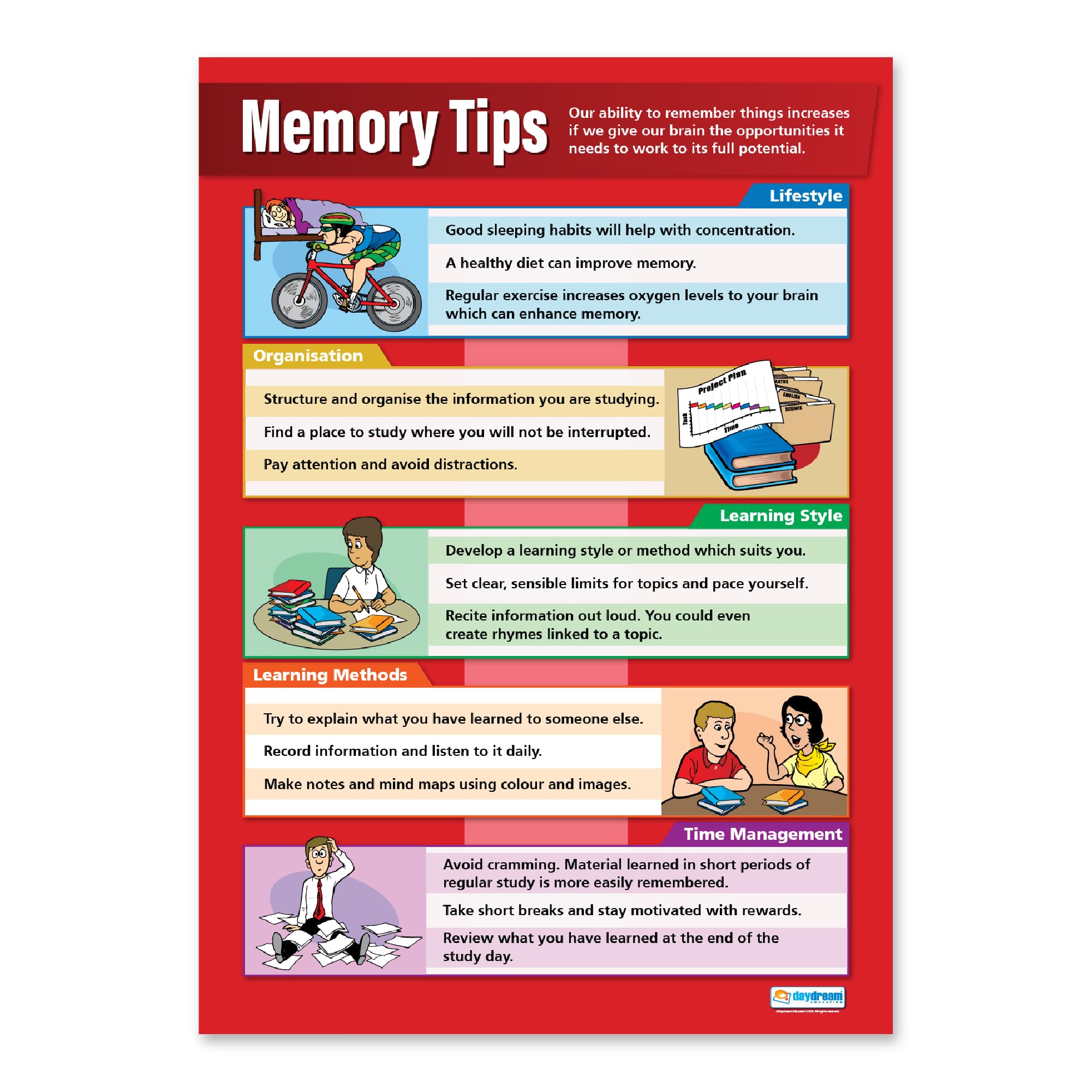 Daydream Education Memory Tips | Life Skills Posters | Gloss Paper measuring 850mm x 594mm (A1) | Functional Skills Classroom Posters | Education Charts
