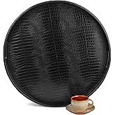 HofferRuffer Extra Large Round Serving Tray, Elegant Faux Leather Circle Ottoman Table Tray with Handles, Serve Tea, Coffee or Breakfast in Bed, Diameter 23.6 x 2.4 inches Height (Black)
