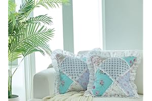 Brilliant Sunshine Blue and Green Rose Patchwork Ruffle Pillowshams, Quilted Decorative Pillow Covers Set, Square Throw Cushion Cases for Couch, Armchair, Car, Bed, 18x18, Pack of 2, Blue Green