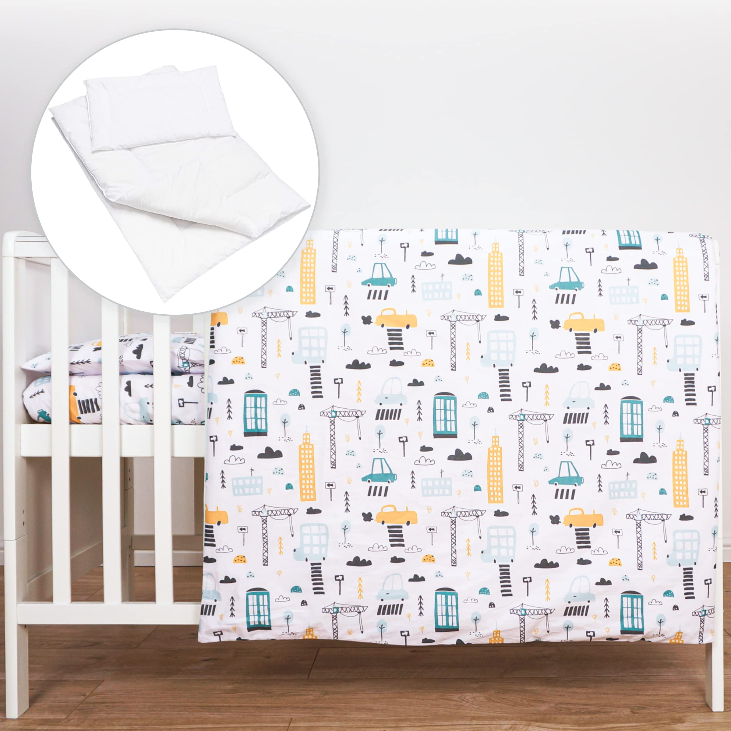 Baby Comfort 5 Piece Bedding Set Duvet Pillow with Covers & Cotton Sheet for 120x60 cm Cot Bed 12M+ (City)
