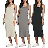 Real Essentials 3 Pack: Women's Ribbed Knit Sleeveless Crew Neck Tank Casual Midi Shift Dress with Slit