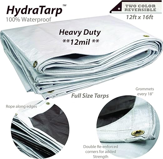 Heavy Duty Tarps Waterproof 12mil Reversible White Brown Tarp 12x16