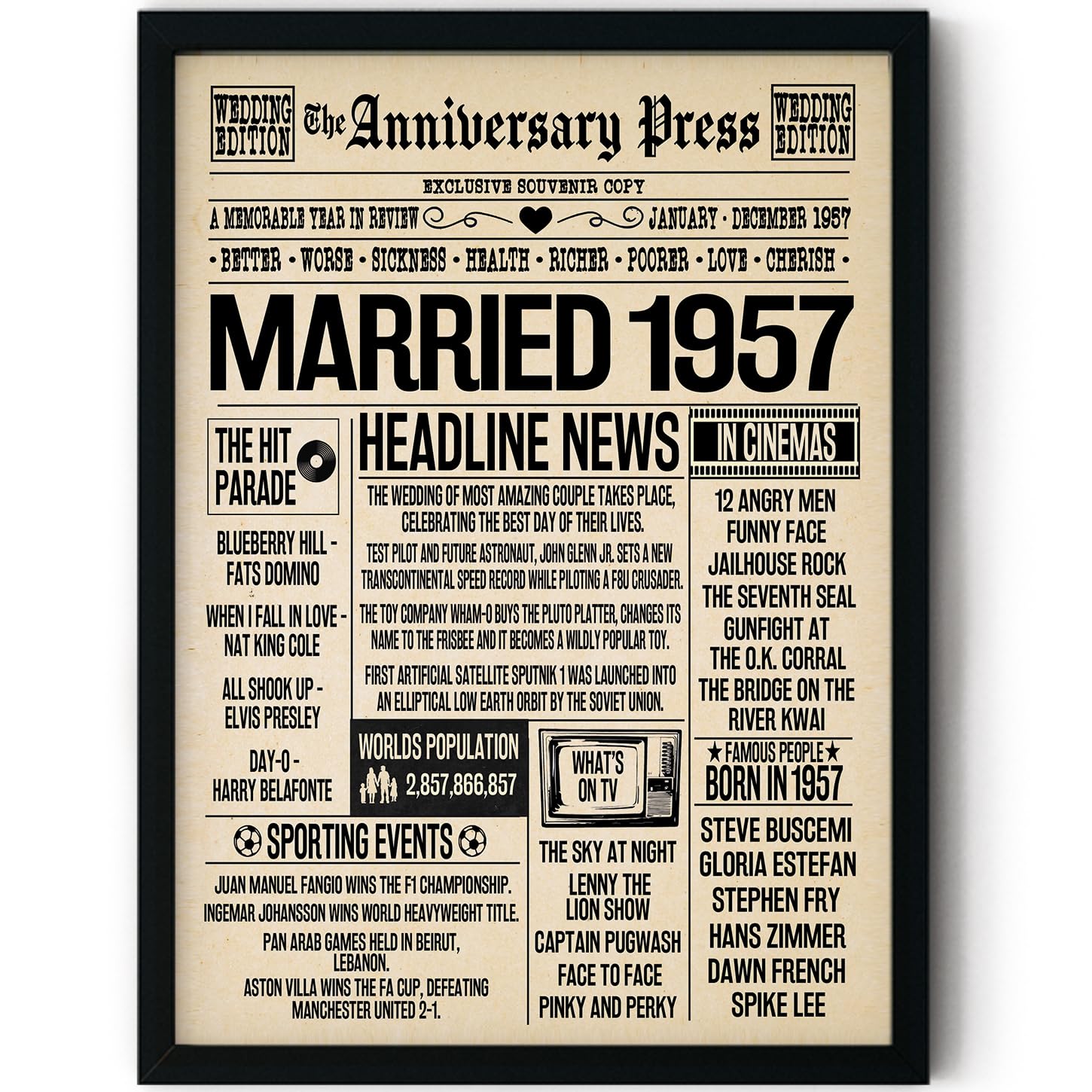 Stuff4 69th Anniversary Poster Framed - Married In 1957 Newspaper - Happy 69th Wedding Anniversary for Men Women Vintage Gifts Retro Back In 1957, 8x10 Inch Anniversaries Posters โ image 1