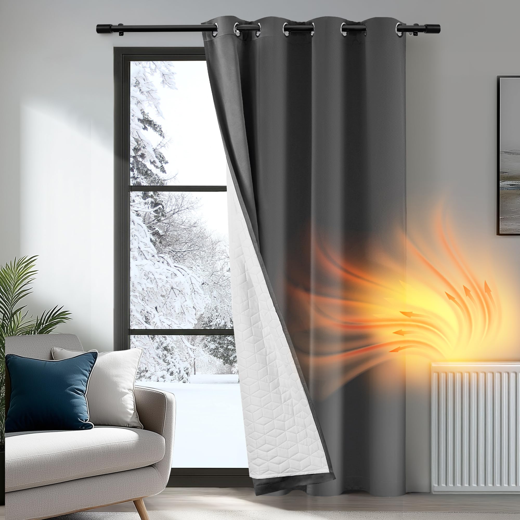 Deconovo Door Curtain Thermal, Blackout Curtain 90 Inch Drop, Eyelet Curtain with Thick Microfiber Liner,2-Layers Windproof Noise Reducing Dark Grey Panel for Door Living Room, 52"x 90", 1 Panel