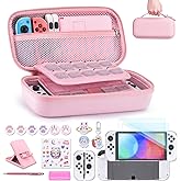 innoAura Switch OLED Case 19-in-1 Bundle for NS Switch OLED (2021), with Carrying Case, Screen Protector, Stand and Thumb Grips, Pink