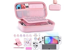 innoAura Switch OLED Case 19-in-1 Bundle for NS Switch OLED (2021), with Carrying Case, Screen Protector, Stand and Thumb Grips, Pink