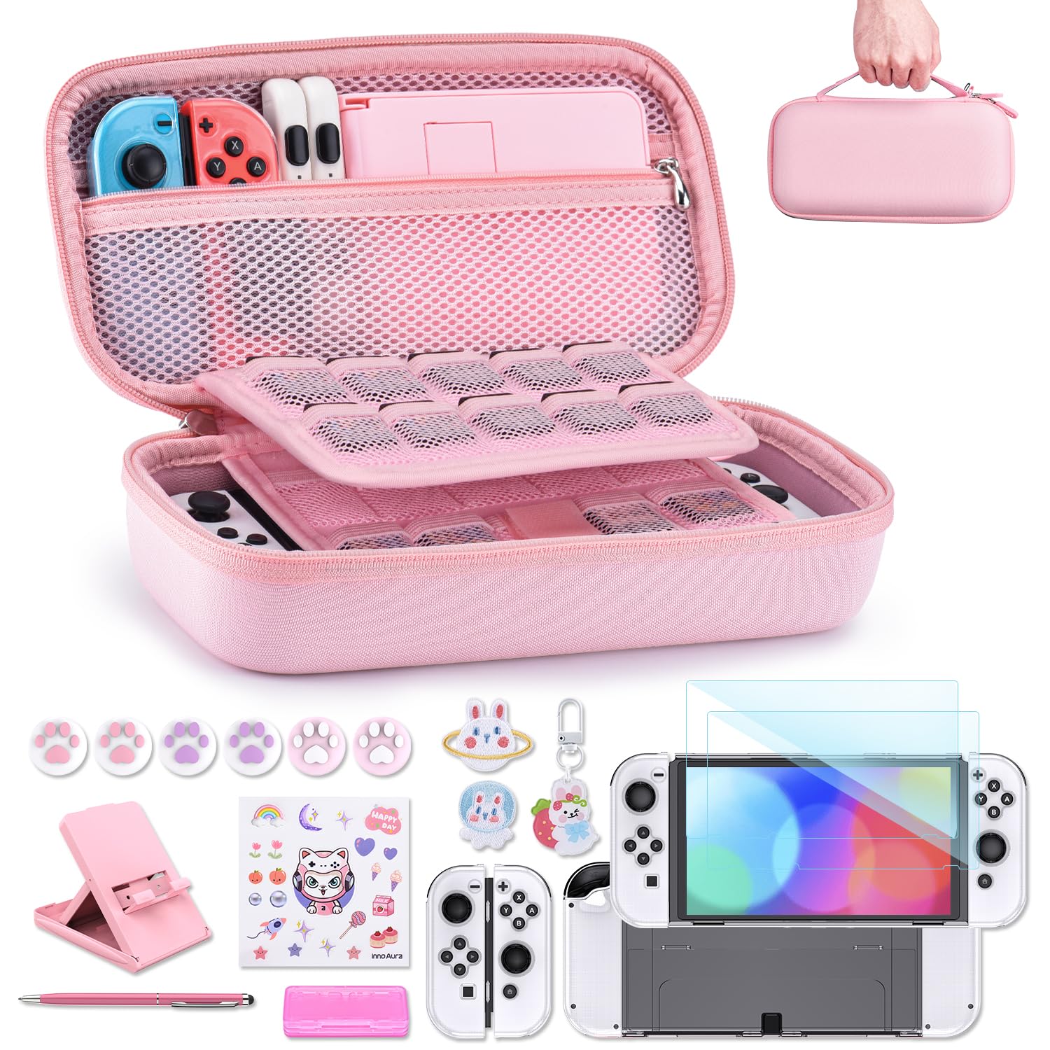 Photo 1 of innoAura Switch OLED Case 19-in-1 Bundle for NS Switch OLED (2021), with Carrying Case, Screen Protector, Stand and Thumb Grips, Pink