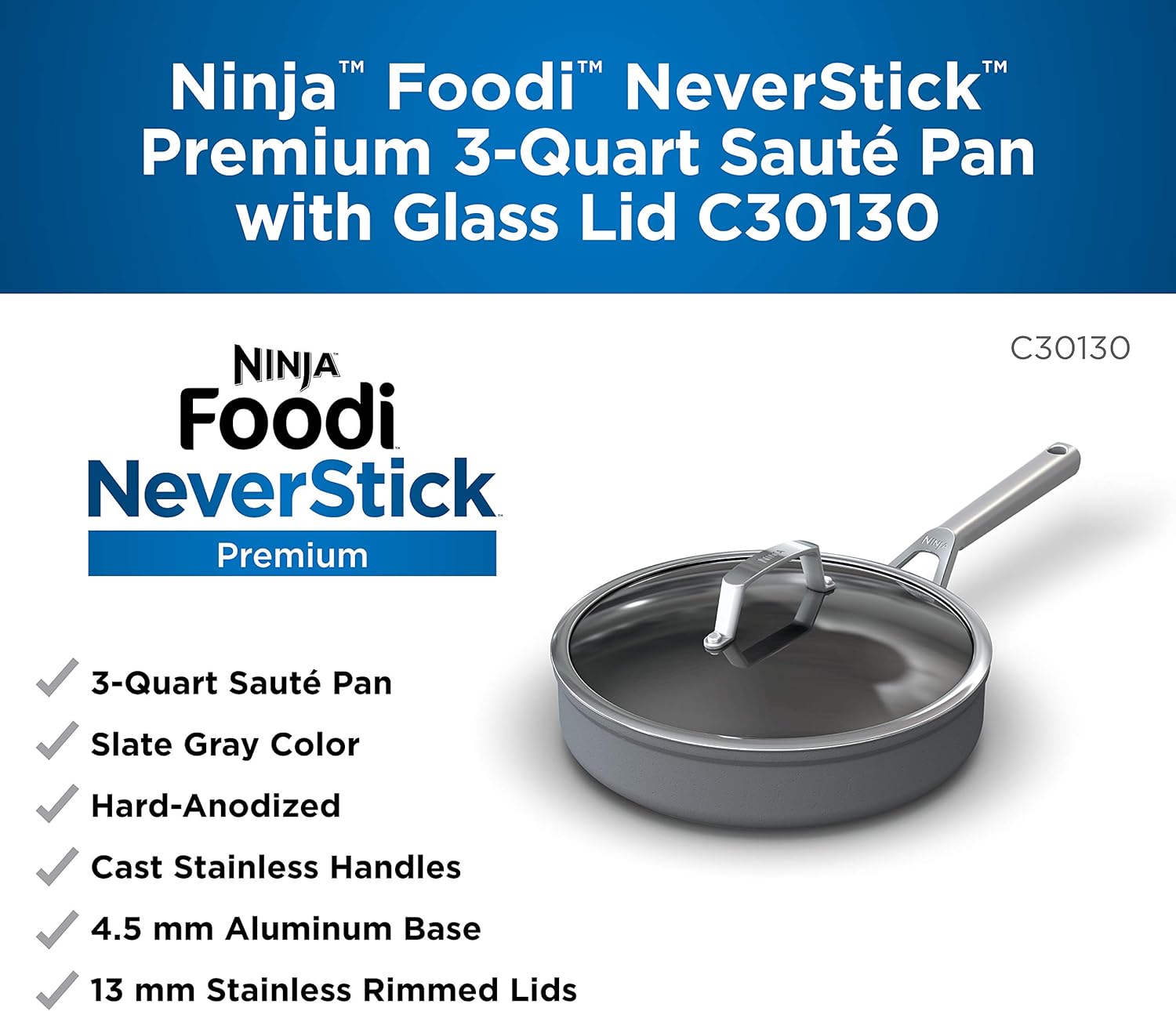 Ninja C30130 Foodi NeverStick Premium Hard-Anodized 3-Quart Sauté Pan with Glass Lid, slate grey: Kitchen & Dining