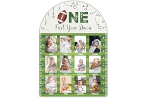 SIXEIGHT Football First Year Milestone Photo Board, One Year of Wood Photo Board, 12 Monthly Baby Picture Frame, Girl Boy 1st Birthday Sports Party Decorations, Baby Shower Keepsake Best Gift-A19