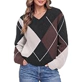 Cicy Bell Womens V Neck Argyle Sweaters Long Sleeve Knit Casual Pullovers | Cozy Argyle Plaid Knitted Sweater, Ribbed Trim, Color Block Tops, Drop Shoulder, Preppy Style, Loose Fit, Daily Wear
